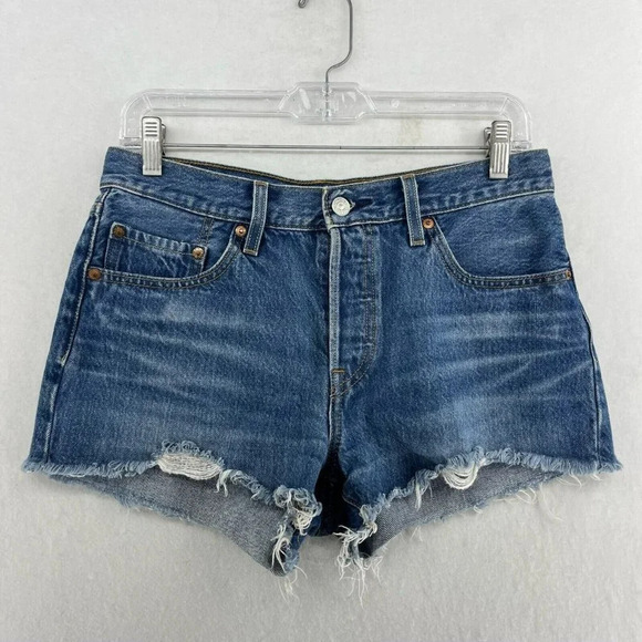 Levi's Jean Shorts Womens Sz 27 Blue Medium Wash High Rise Premium Distressed - Picture 1 of 13